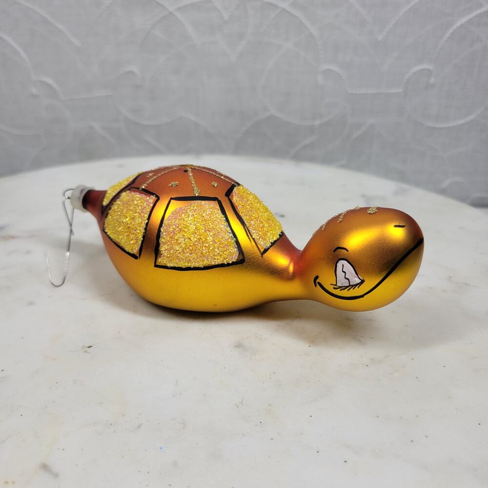 VTG De Carlini Turtle Reflector Ornament Orange Handpainted Glittered Indent